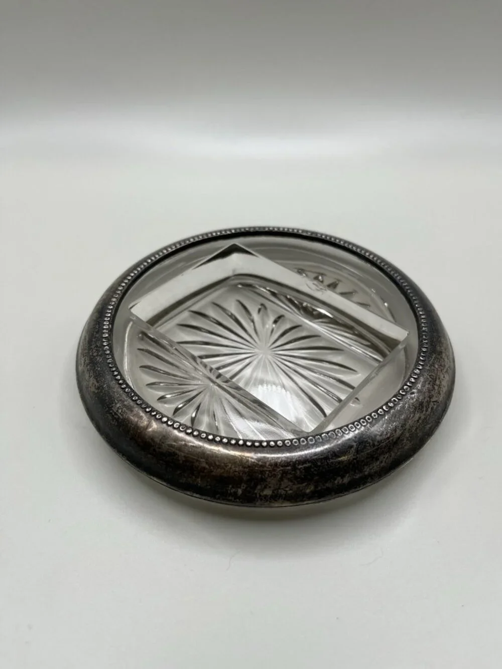 VTG Pressed Glass Ashtray Silver Plate Beaded Rim Starburst Mid Century Atomic